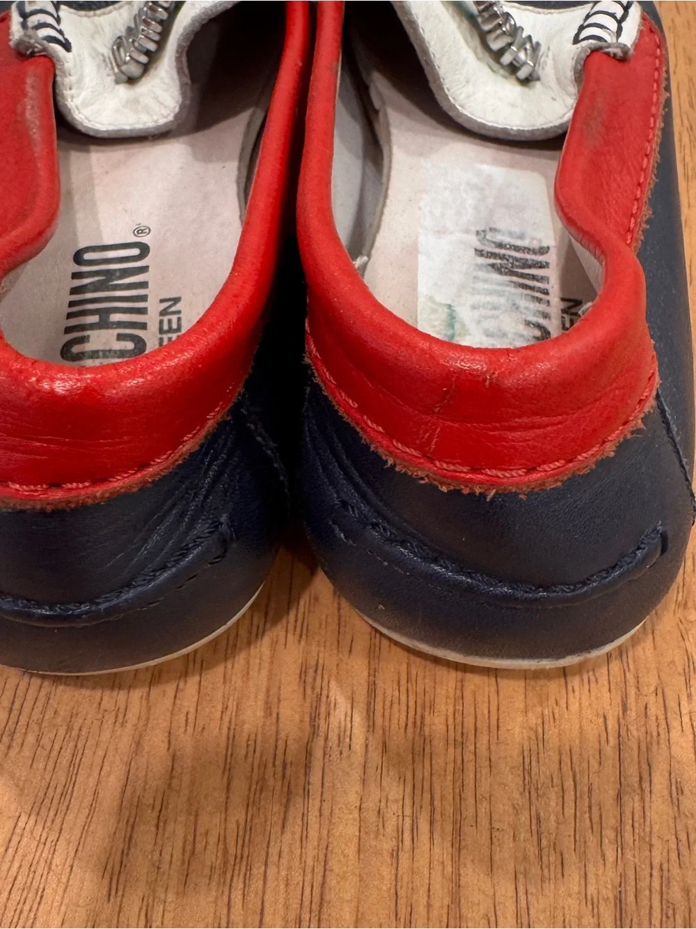 Moschino Teen Kids Leather Moccasin Loafers Size 31 US 13 Red White Blue Preppy